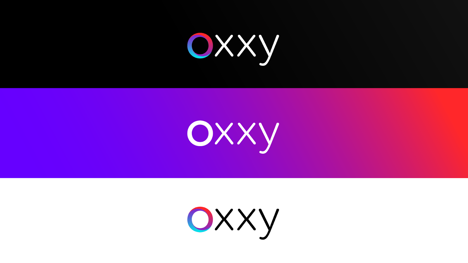 Versões da marca Oxxy em fundo preto e em degradê