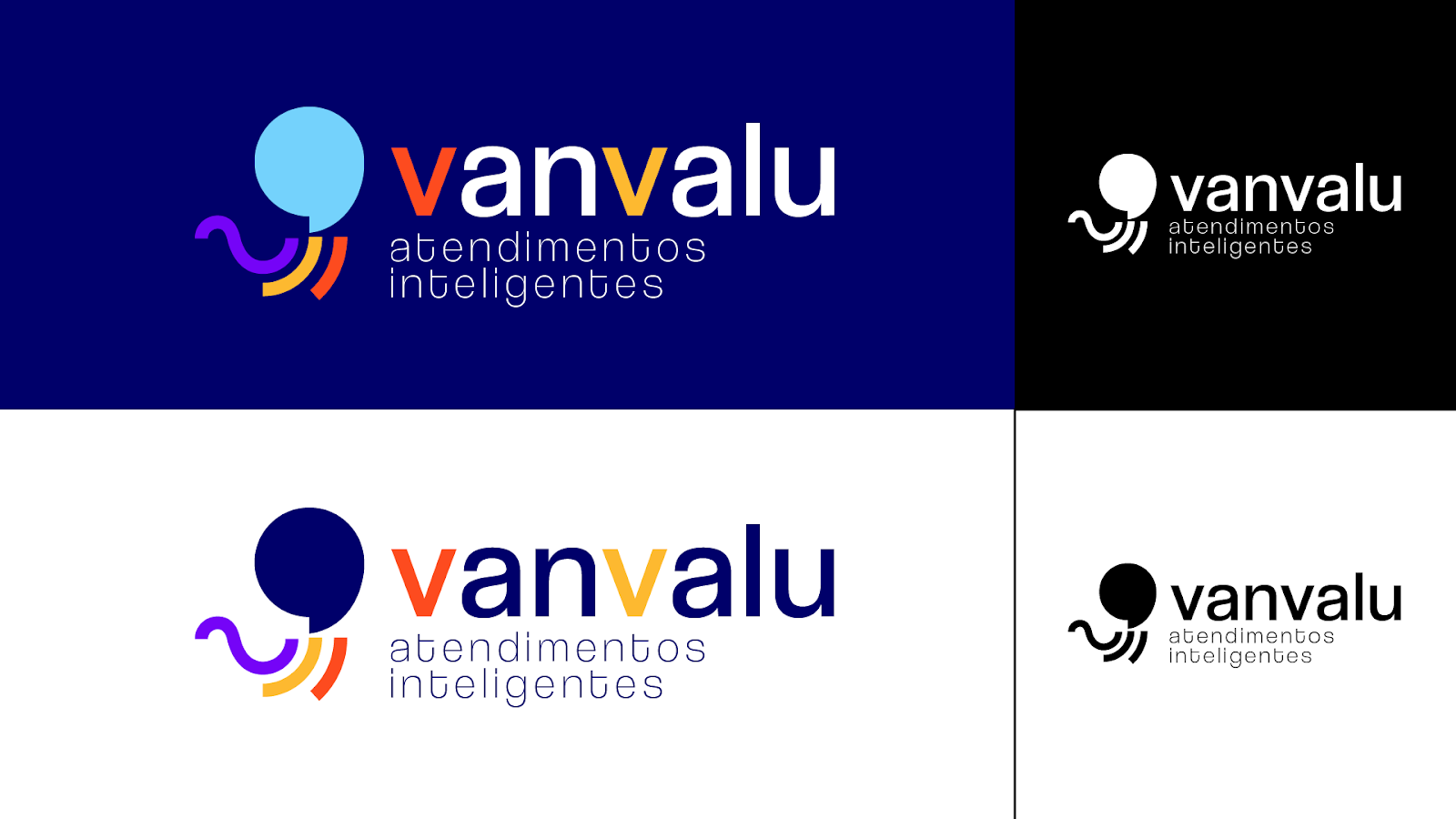 Versões da marca Vanvalu em fundo azul, branco e preto